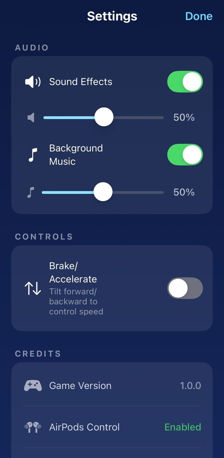 RidePods settings let you adjust sound, toggle music, and even enable head-tilt controls for braking and acceleration.