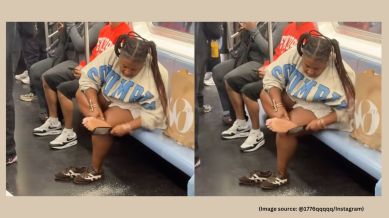 She continues to scrub her feet even after noticing being filmed (Image source: @1776qqqqq/Instagram)