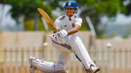 West Zone's Yashasvi Jaiswal plays a shot on the final day of the Duleep Trophy 2025 first semifinal cricket match between Central Zone and West Zone, at BCCI Centre of Excellence ground, in Bengaluru. (PTI Photo/Shailendra Bhojak)