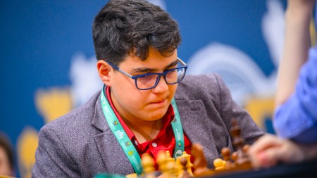 Yagiz Kaan Erdogmus, a 14-year-old prodigy from Turkey, will take on world champion Gukesh today at FIDE Grand Swiss. (PHOTO: FIDE/Michal Walusza)