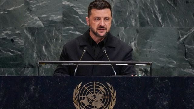 Ukraine President Volodymyr Zelenskyy addresses the 80th session of the United Nations General Assembly, Wednesday, Sept. 24, 2025. (AP Photo/Richard Drew)