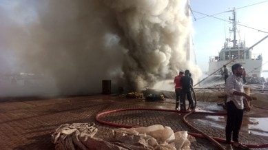 cargo ship fire at Porbander Jetty