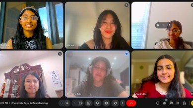 Avika Shukla (bottom right) with the other mentors of Checkmate Betul, including Iris Mou, a woman international master from New York, woman candidate master Zara Majid, who hails from the Cayman Islands and Christina Aziz, a FIDE arbiter and a chess educator based in Gambia.