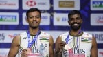 Chirag Shetty left, and Satwiksairaj Rankireddy pose on the podium after winning the Men's Doubles bronze medal at the Badminton World Championships (AP Photo)