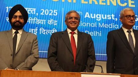 Chief Election Commissioner Gyanesh Kumar with Election Commissioners Sukhbir Singh Sandhu and Vivek Joshi addressing a press conference, in New Delhi. Express photo by Amit Mehra 17.8.2025