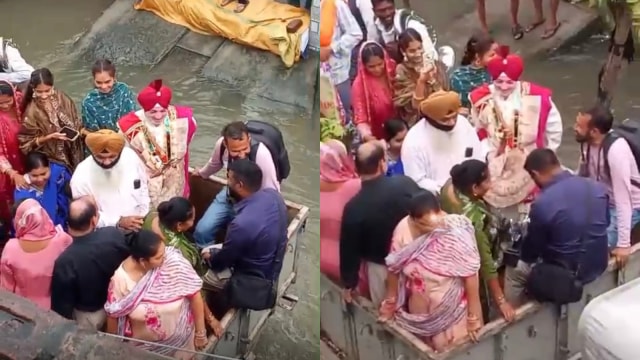 A groom reaches his bride's village in a tractor trolley amid devastating floods in Punjab