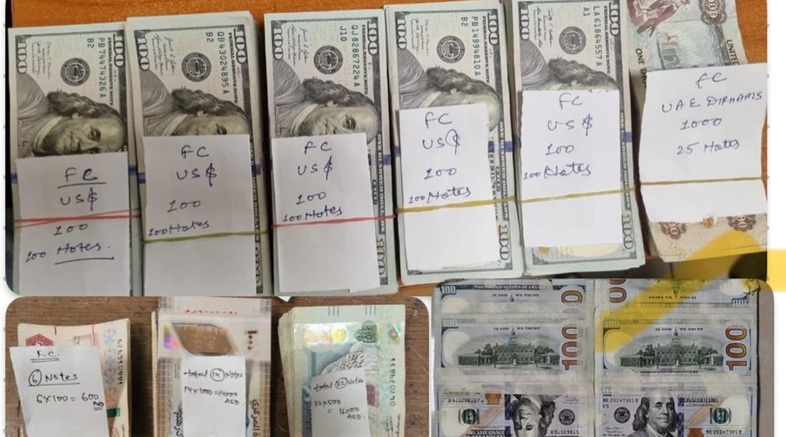 Foreign currency was found concealed inside the hand bag carried by the passengers. 