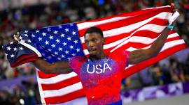 Fred Kerley, of the United States, celebrates after his third place finish in the men's 100-meter final at the 2024 Summer Olympics, on Aug. 4, 2024, in Saint-Denis, France. (AP Photo)