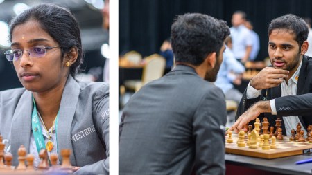 (LEFT) Vaishali Rameshbabu is unbeaten in Women's Grand Swiss after 4 rounds; (RIGHT) Gukesh and Arjun Erigaisi discuss the game after playing out a draw in round 4 at Samarkand. (PHOTOS: FIDE via Michal Walusza)