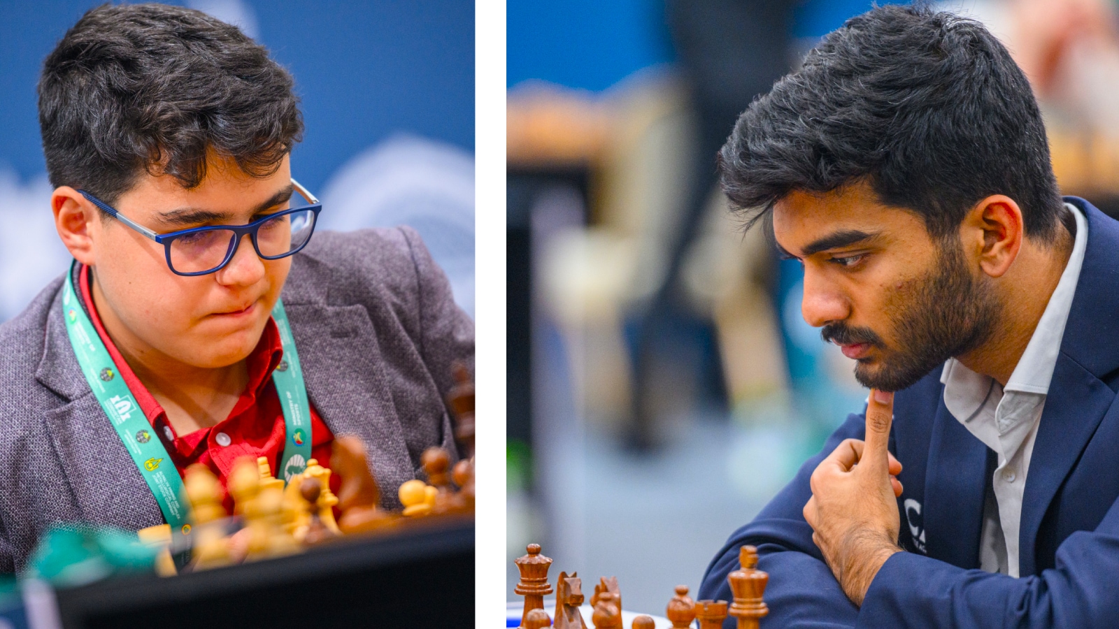 World Champion Gukesh Dommaraju and 14-year-old Turkish prodigy Yagiz Kaan Erdogmus at the Grand Swiss chess tournament. (PHOTOS: FIDE via Michal Walusza)