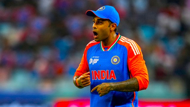 India's captain Suryakumar Yadav reacts during the Asia Cup cricket match between India and Sri Lanka at Dubai International Cricket Stadium. (AP Photo)