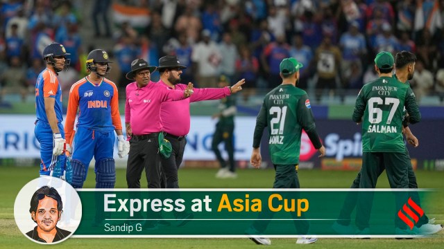 There were verbal exchanges between Abhishek Sharma and fast bowlers Shaheen Shah Afridi and Haris Rauf during India's run chase. Shubman Gill too was involved. (AP Photo)