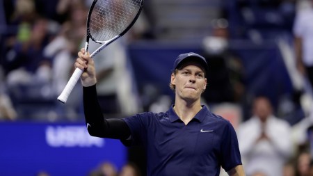 The awkward situation, which was caught on the television broadcast, did not come up during Sinner's postmatch news conference after defeating Bublik 6-1, 6-1, 6-1. (AP Photo)