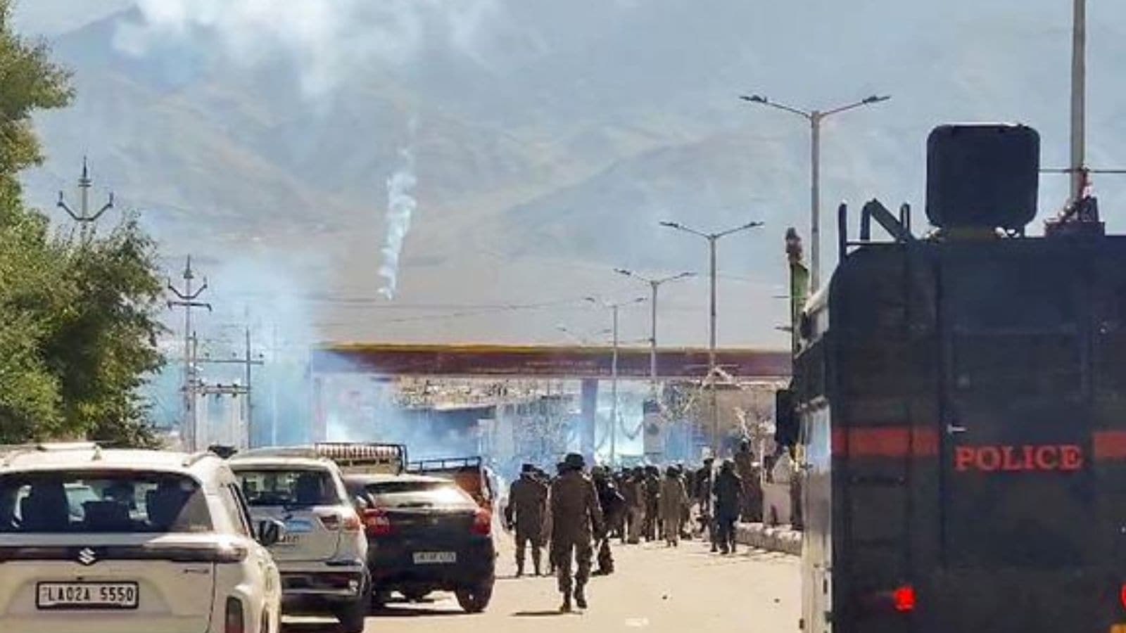 Security personnel deployed during the protest in Ladakh.