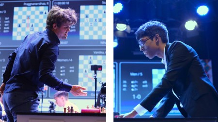File images of Magnus Carlsen and Praggnanandhaa during the Tata Steel India Rapid and Blitz tournament in Kolkata. (Express Photos by Partha Paul)