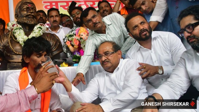 Maratha Kranti Morcha leader Manoj Jarange Patil ends hunger strike after accepting government proposal based on Hyderabad Gazette, with some corrections accepted, in presence of Mr. Radha Krishna Vikhe Patil, during massive rally demanding Maratha community reservation."in Mumbai.