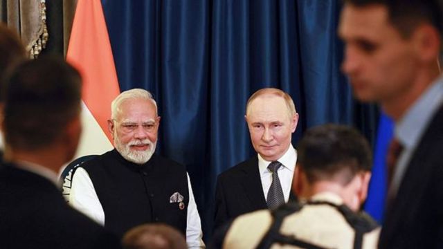 ndian Prime Minister Narendra Modi, left, and Russian President Vladimir Putin pose during their meeting on the sidelines of the Shanghai Cooperation Organization (SCO) summit in Tianjin, China,