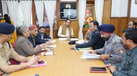 Chief Secretary Prabodh Saxena chairs a high-level meeting in Shimla on Thursday. (Express Photo)