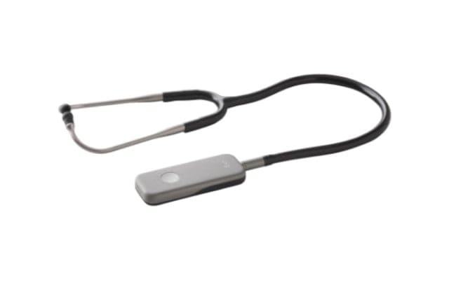 The AI-powered stethoscope has a rectangular shaped chest-piece.