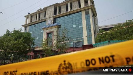 Security and traffic restrictions outside NIA office as Tahawwur Rana can be brought at NIA HQ after being extradited from US at New Delhi on Thursday, April 10, 2025. Express photo by Abhinav Saha