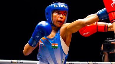 Two-time World Champion Nikhat Zareen (51 kg) in action at the World Boxing Championships 2025 in Liverpool. (PHOTO: World Boxing)