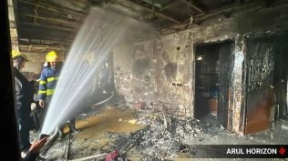 The incident took place around 3 pm on the 12th floor of Marvel Ideal Society, located on Jagdamb Bhavan Road in Undri, shortly after a fire broke out on the 12th floor of the building. (Express Photo by Arul Horizon)
