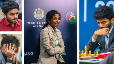 Vaishali Rameshbabu (centre) could secure her second Candidates spot from the FIDE Grand Swiss tournament; Arjun Erigaisi and Nihal Sarin (left) have faint hopes of making it to the Candidates; Gukesh Dommaraju (right) finally managed to get a win. (PHOTOS: Michal Walusza / FIDE)