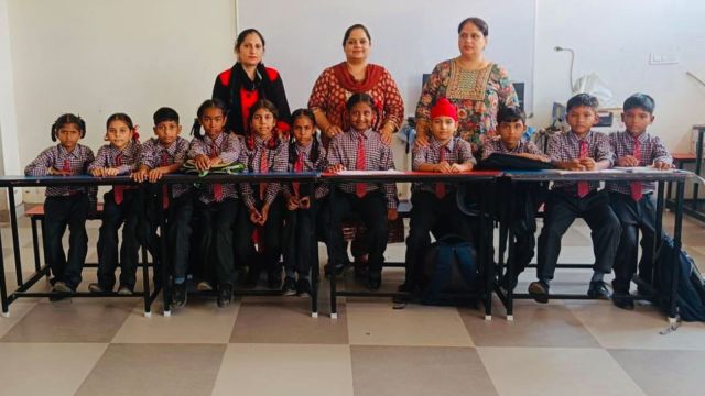 Students back in a government primary school in Moga.