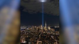 The installation, made up of 88 xenon lightbulbs arranged in two 48-foot squares, rises four miles high.