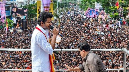 Vijay kicks off campaign in Trichy, Vijay blasts DMK and BJP, Tamilaga Vettri Kazhagam, Chennai, DMK, Dravida Munnetra Kazhagam, BJP, Indian express news, current affairs