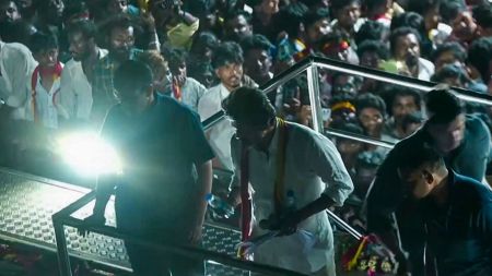 Vijay requested the crowd to make way for the ambulance and threw water bottles from atop his campaign vehicle (PTI Photo)