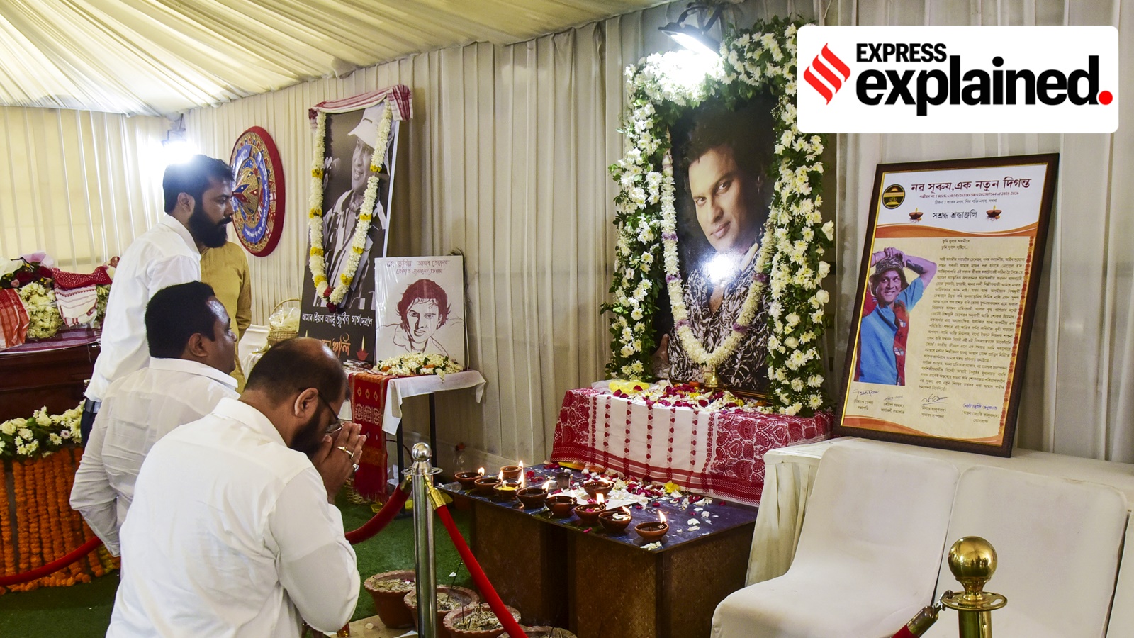 People pay their homage to late singer Zubeen Garg, during 'Adya Shraddha', the first funeral rituals, in Guwahati, Assam, Monday, Sept. 29, 2025.