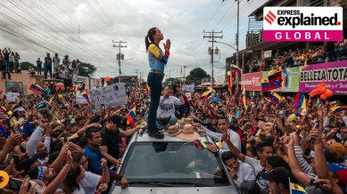 Nobel Peace Prize 2025: Opposition leader Maria Corina Machado greets supporters in Guanare, Venezuela, on July 17, 2024. Barred from running for president herself, Machado helped galvanise support behind the candidate challenging President Nicolas Maduro in elections. (Adriana Loureiro Fernandez/The New York Times)