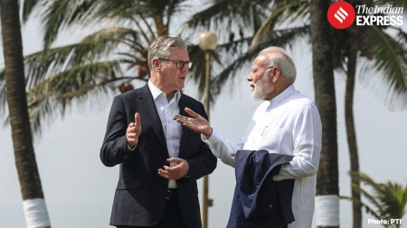 PM Narendra Modi with UK PM Keir Starmer in Mumbai.