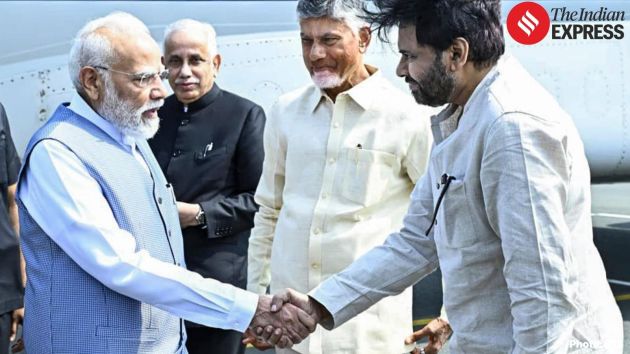 Prime Minister Narendra Modi receives a warm welcome at Amaravati Airport from Andhra Pradesh Deputy Chief Minister Pawan Kalyan
