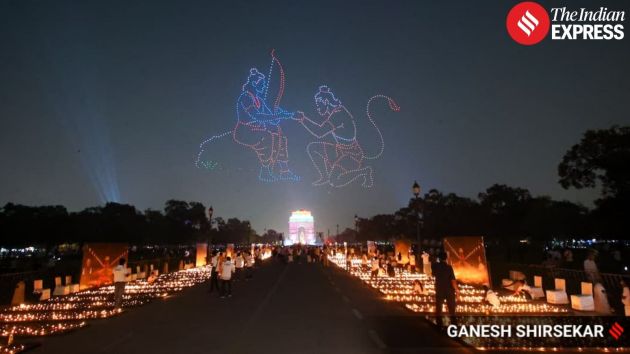 Drone show features synchronized formations, creating animated patterns and festive symbols in the sky