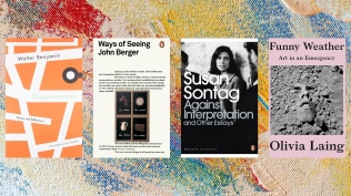 Book covers of Illuminations, Ways of Seeing, Against Interpretation, and Funny Weather