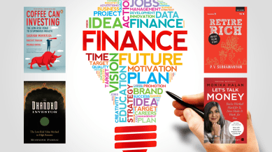 Book covers of the books mentioned in the listicle on money superimposed on.a graphic on finance