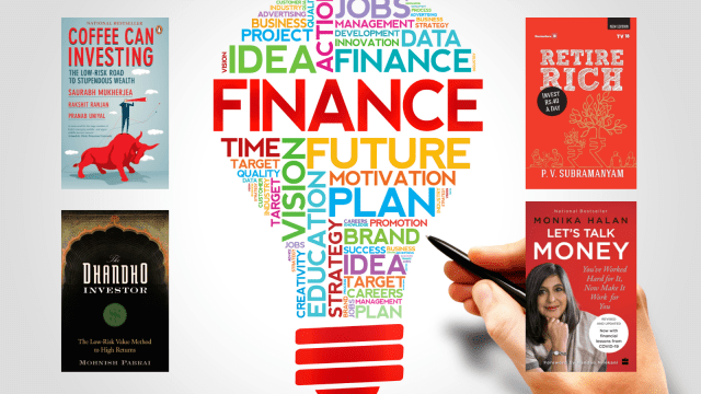Book covers of the books mentioned in the listicle on money superimposed on.a graphic on finance