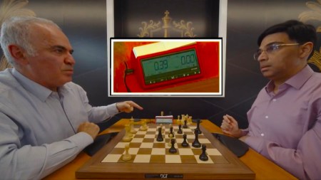 Viswanathan Anand and Garry Kasparov react after the Indian legend lost on time in a winning position in Clutch Chess: The Legends exhibition clash. (PHOTO: Screengrab via Chess24's X handle)