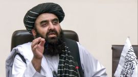 Afghanistan's Foreign Minister during a press conference, in New Delhi, on Friday. (ANI Video Grab)