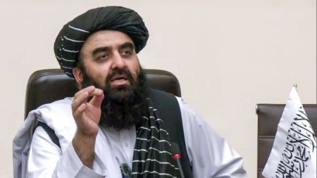 Afghanistan's Foreign Minister during a press conference, in New Delhi, on Friday. (ANI Video Grab)