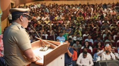 Pune Police Commissioner Amitesh Kumar addresses students during a special public awareness program under the Nasha Mukt Bharat Abhiyan at Modern College on Wednesday. Express photographs by Arul Horizon