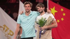 Shanghai Masters winner Valentin Vacherot with his cousin Arthur Rinderknech. (Photo: AP)