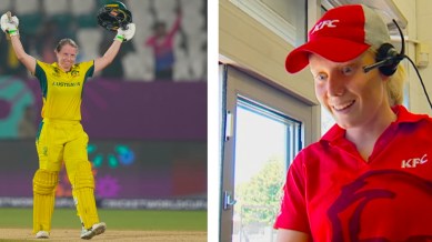 (LEFT) Australia's captain Alyssa Healy celebrates after scoring a hundred during the ICC Women's Cricket World Cup match against Bangladesh; (RIGHT) Screengrab of a younger Healy working in a KFC. (Photos: AP, YouTube Screengrab)