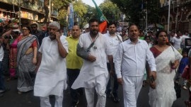 BJP holds protest rally, BJP holds protest rally against attack on party leaders, against attack on BJP leaders, Sukanta Majumdar, Suvendu Adhikari, Locket Chatterjee, Kolkata news, WEst Bengal news, Indian express, current affairs