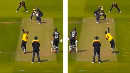 Ben Kellaway bowls with both hands for Glamorgan against Surrey. (Screengrab via X)