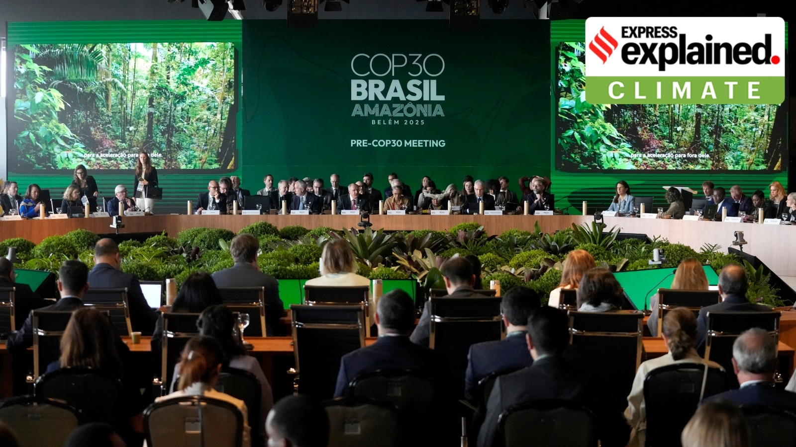 The opening ceremony of the Pre-COP30 meeting is held in Brasilia, Brazil, Monday, Oct. 13, 2025, as the final preparatory stage for the U.N. Climate Summit which will take place in November in Belem. (AP Photo/Eraldo Peres)