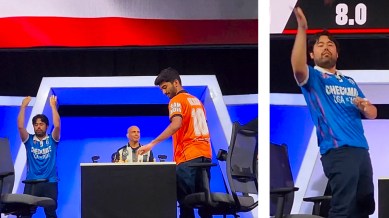 D Gukesh resets the chess board after losing to Hikaru Nakamura at Checkmate: USA vs India. (RIGHT) Nakamura throws Gukesh's king into the crowd. (PHOTOS: Screengrabs via Chessbase India and Chess.com)