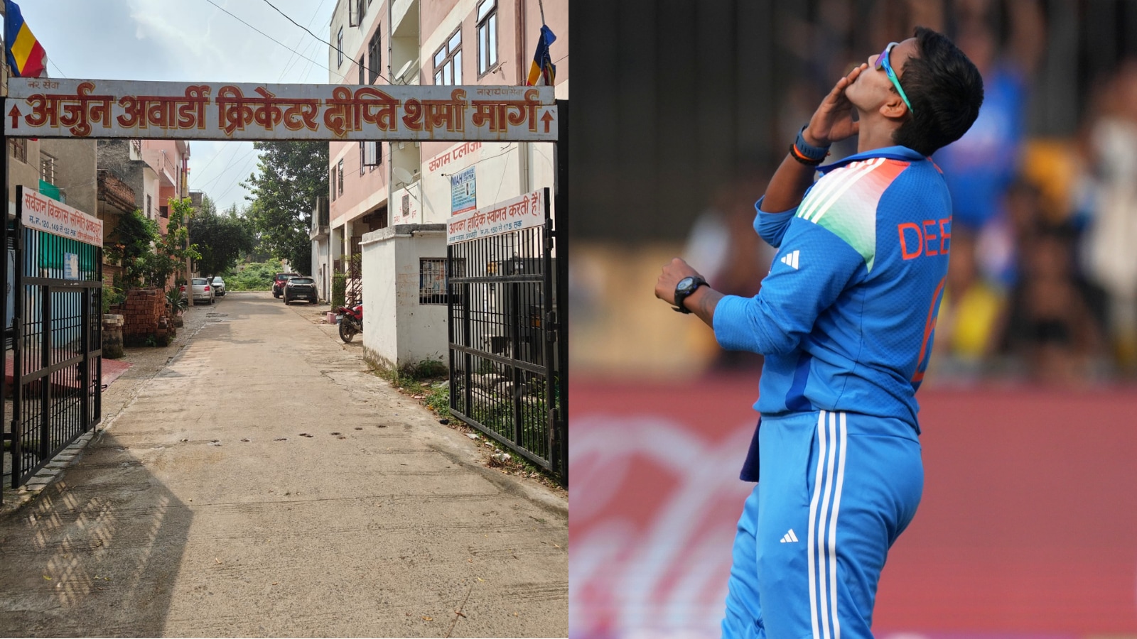 L-R: The entrance to the colony where Deepti Sharma lives in Agra & Deepti in action during World Cup 2025. (Express Photo by Vinayakk Mohanarangan & AP)